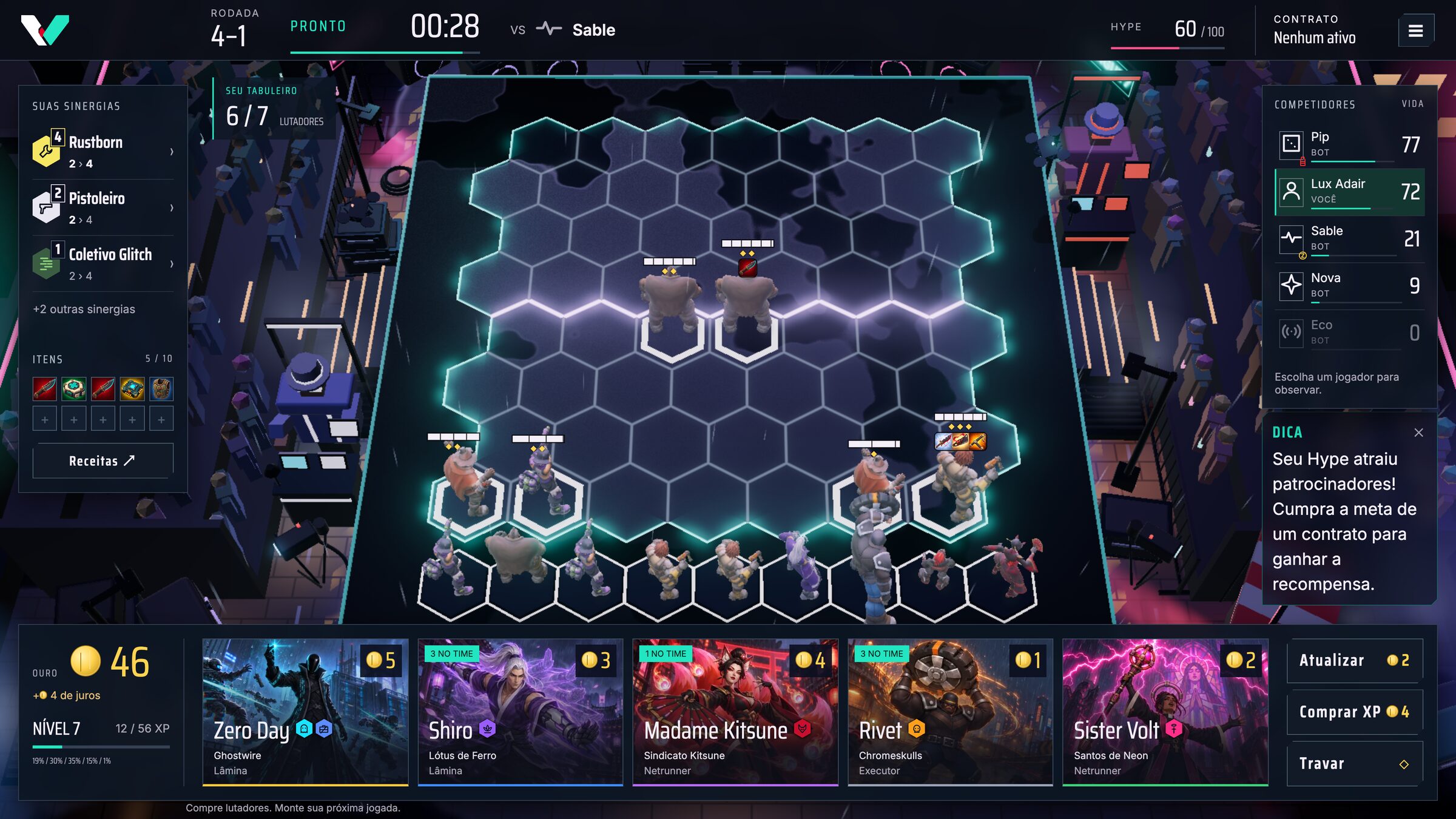 A tela do jogo na fase de planejamento: loja, sinergias, tabuleiro e competidores